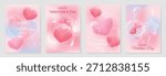 Happy Valentine’s Day background vector set. Pink pastel heart balloons with bubbles, ribbons and soft glowing clouds. Lovely romantic design for greeting cards, posters, invitations and sale banners.