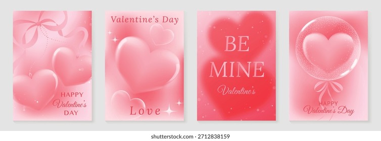Conjunto de Vector de fondo de feliz día de San Valentín. Globos de corazón de color pastel rosa con burbujas, cintas y nubes suaves brillantes. Diseño romántico precioso para tarjetas de felicitación, carteles, invitaciones y Anuncios de venta.