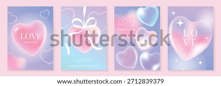 Happy Valentine’s Day background vector set. Pink and blue gradient heart illustration with glowing sparkles and ribbon elements. Romantic dreamy design for greeting cards, posters and invitation.