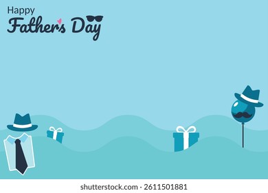 Happy Father’s Day Banner – Blue Background with Tie, Hat, Gift and Mustache Icons – Perfect for Cards, Posters, and Decorations