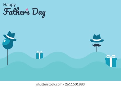 Happy Father’s Day Banner – Blue Background with Tie, Hat, Gift and Mustache Icons – Perfect for Cards, Posters, and Decorations