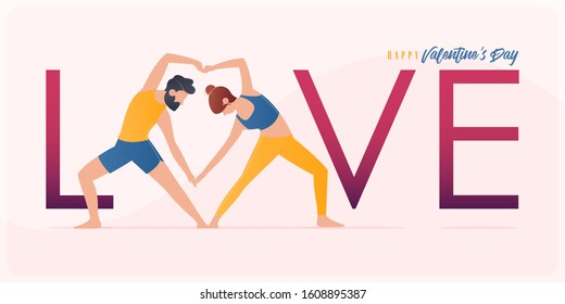 Happy Valentine’s Day  Banner With Couple Yoga Poses. Year Of Good Health. Landing Page Design Templates For Valentine’s Day Decoration In Partner Yoga Concept. Vector Art And Illustration.