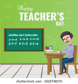 Happy Teacher’s Day banner design template teacher is checking notebooks in the classroom.