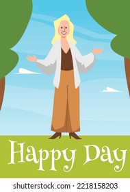 Happy day banner or flyer mockup with happy woman flat cartoon vector illustration. Happy moments, positive lifestyle and positivity concept of banner or poster.