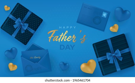Happy Father’s Day banner with gift boxes, envelope and hearts in dark blue, and golden colors. Vector illustration in 3d render realistic style