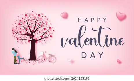 Happy Valentine’s Day Banner – Lovers Hug Under Love Tree with Bike, Hearts, Red and White Gradient Background Romantic Template