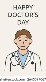 Banner Feliz Dia do Médico com ilustração médica profissional. Ilustração vetorial minimalista para campanhas de assistência médica, eventos de apreciação, cartões de saudação, mídia social ou conteúdo editorial