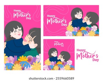 Happy Mother’s Day Banner Set. Mother daughter hugging vector character with pink background and flowers. Flat illustration for Social Media greeting.