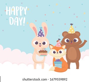 happy day, bear fox rabbit with party hat cake and gift vector illustration