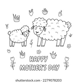 Happy Mother’s Day black and white print with a cute mother sheep and her baby lamb. Funny animals family coloring page. Vector illustration