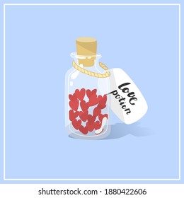 Happy Valentine’s Day. Bottle with hearts and card love potion. Isolated on blue background. Vector illustration. Holidays celebrating. Poster, print and paper design.