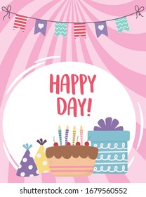 happy day, cake gift box party hat and pennants vector illustration