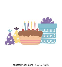 happy day, cake gift box party hats celebration decoration vector illustration