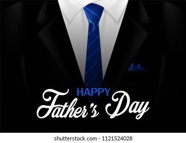 Happy Father’s Day Calligraphy greeting card. Design with men work outfit, suit and necktie on black background. light and shadow . Vector.