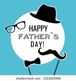 Happy Father’s Day Calligraphy greeting card with bow tie, hat and mustache. Vector illustration ESP10.