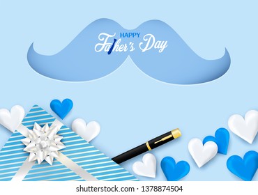 Happy Father’s Day Calligraphy greeting card. Design with heart, necktie on blue background. light and shadow . Vector.