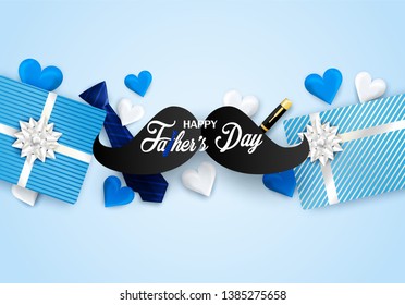 Happy Father’s Day Calligraphy greeting card. Design with heart, necktie on blue background. light and shadow . Vector.