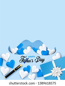 Happy Father’s Day Calligraphy greeting card. Design with heart, necktie on blue background. light and shadow . Vector.