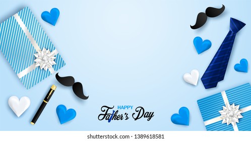 Happy Father’s Day Calligraphy greeting card. Design with heart, necktie on blue background. light and shadow . Vector.
