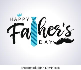 Happy Father’s Day Calligraphy greeting card. Vector illustration. Blue striped tie, mustache and text words for Fathers day special offer sale banner