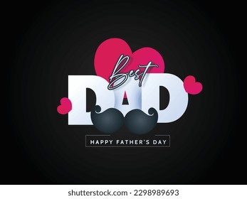 Happy Father’s Day Calligraphy greeting card. Vector illustration.  Glasses, bow tie, mustache, gift , Cap, box and hearts.