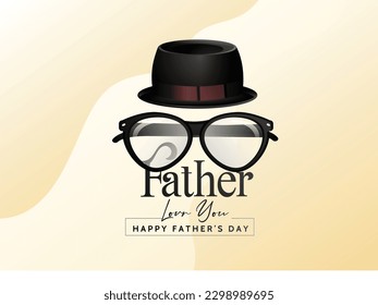 Happy Father’s Day Calligraphy greeting card. Vector illustration.  Glasses, bow tie, mustache, gift , Cap, box and hearts.