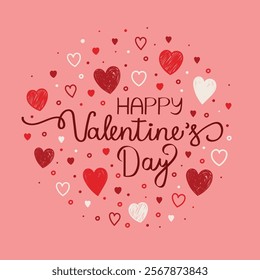 Happy Valentine’s Day calligraphy. Greeting card design with hand drawn hearts. Vector illustration