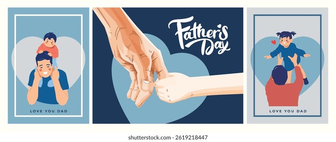 Happy Father’s Day Calligraphy greeting card. Father and child love. The child holds his father's hand. Vector background for banner, poster, illustration.