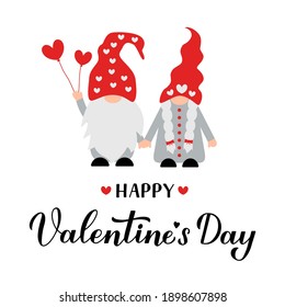 Happy Valentine’s Day calligraphy hand lettering with couple of cute gnomes. Vector template for Valentines card, flyer, banner, sticker, t shirt, etc.