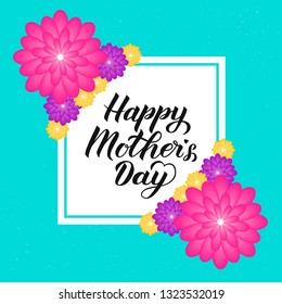 Happy Mother’s Day calligraphy lettering with colorful spring flowers. Origami paper cut style vector illustration. Template for Mothers day party invitations, greeting cards, tags, flyers, banners.