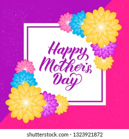 Happy Mother’s Day calligraphy lettering with colorful spring flowers. Origami paper cut style vector illustration. Template for Mothers day party invitations, greeting cards, tags, flyers, banners.