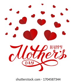 Happy Motrer’s Day calligraphy lettering with origami red hearts. isolated on white. Mothers day typography poster, banner or greeting card. Paper cut vector illustration. Easy to edit template.