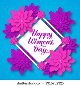 Happy Women’s Day calligraphy lettering with paper cut flowers. Origami style vector illustration. Floral international womens day  banner, poster, party invitations, greeting cards, etc