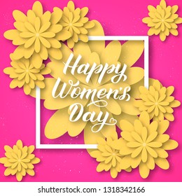 Happy Women’s Day calligraphy lettering with paper cut flowers. Origami style vector illustration. Floral international womens day  banner, poster, party invitations, greeting cards, etc