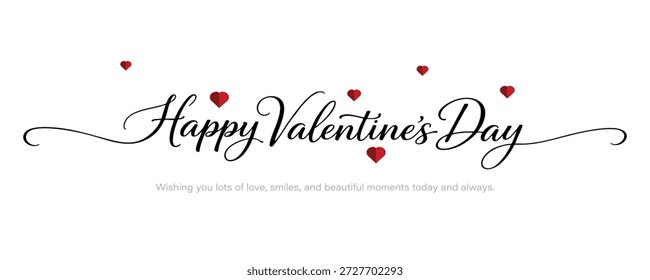 Happy Valentine’s Day Calligraphy Text with Small Red Hearts, Vector Illustration Design.
