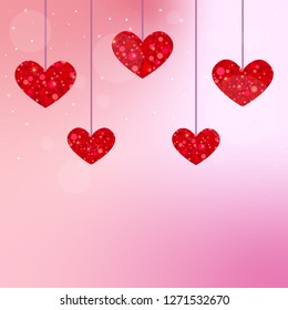 Happy Valentine’s day card background with hanging red glitter hearts 