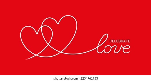 Happy Valentine’s day card background with hearts in one line illustration, on a red background
