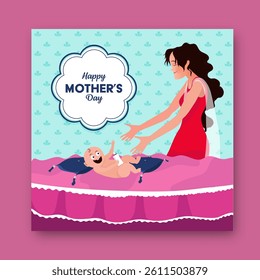 Happy Mother’s Day Card with Cartoon Mother and Baby Illustration.
