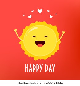 Happy Day card with cartoon sun and hearts. Flat style. Vector illustration.