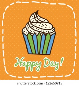 happy day card with cup cake over orange background. vector