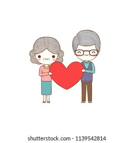 Happy valentine’s day card. Cute cartoon old man and old woman holding big heart together. Love card, holiday card, postcard, poster, party invitation. Flat design. Colored vector illustration.