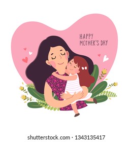 Happy mother’s day card. Cute little girl hugging her mother in heart shaped.