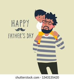 Happy father’s day card. Cute little boy on his father’s shoulder.