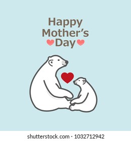 Happy mother’s day card. Cute mom and baby polar bears with heart