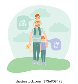happy father´s day card with dad cartoon and children outdoor. vector illustration