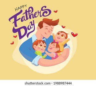 Feliz Día del Padre. Papá abrazando a sus hijos en el día del padre