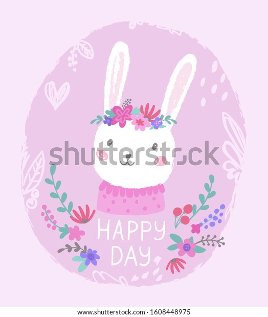Happy Day Card Design Cute Bunny Stock Vector (Royalty Free) 1608448975