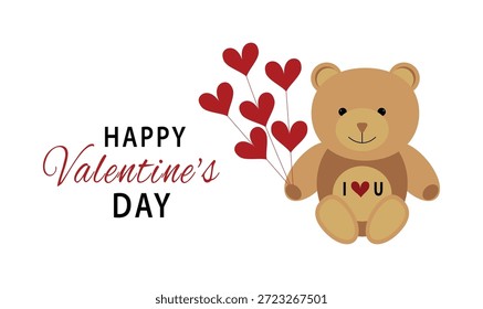 Diseño de tarjeta del día de San Valentín feliz que presenta un oso de peluche adorable que sostiene un símbolo del corazón del amor, creando un tema cálido y romántico y un concepto festivo lindo.