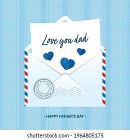 Happy Father’s Day card. Envelope with Letter and paper cut hearts. Cute vector illustration, template for greeting card, poster