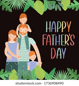 happy father´s day card with family cartoon and son at home. vector illustration